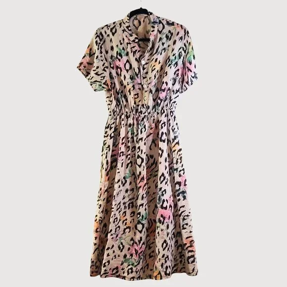 Anna Melani Italy 100% Linen Leopard Floral Button Up MIDI Dress Size Large - Picture 3 of 9